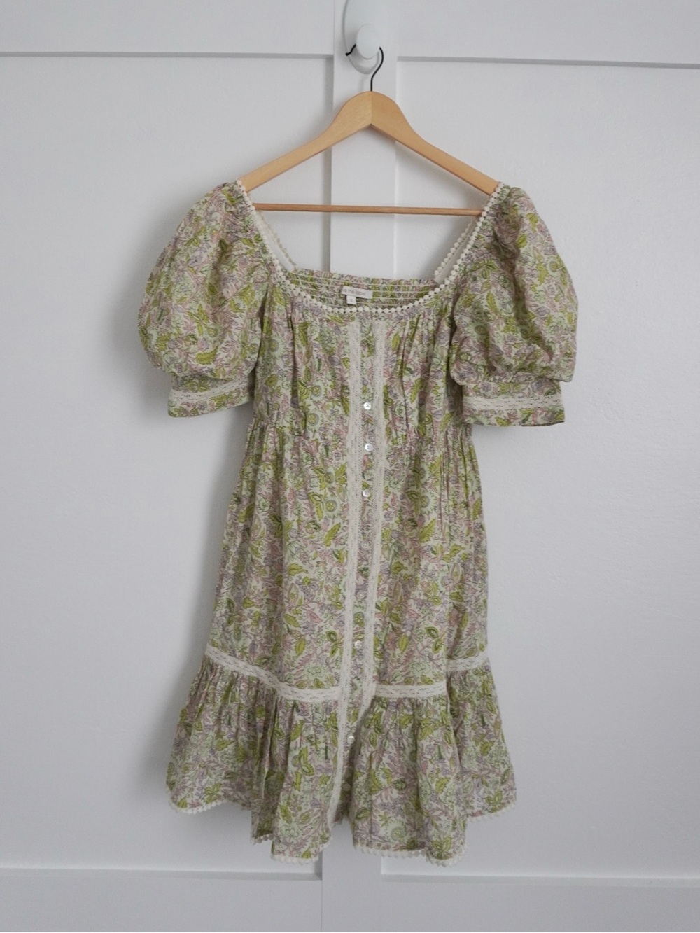 Anthropologie Love The Label Green Floral Puff Sleeve Mini Dress